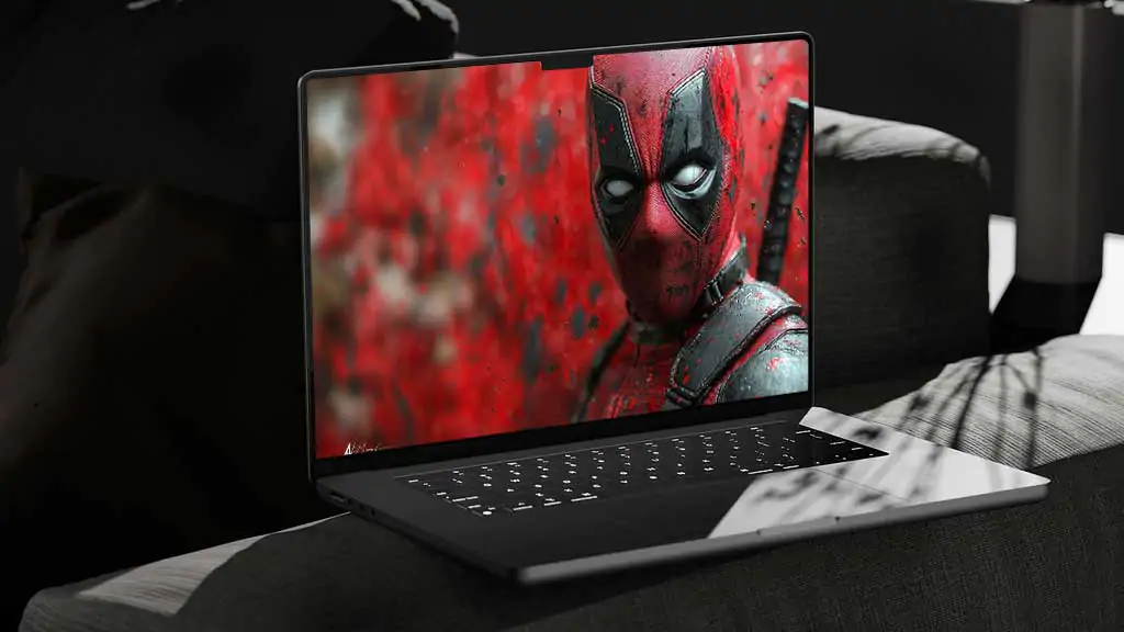 Fond d'écran 4K en gros plan du masque Deadpool avec des effets d'arrière-plan rouge intense, portrait de super-héros haut de gamme, résolution Ultra HD pour ordinateur de bureau et mobile