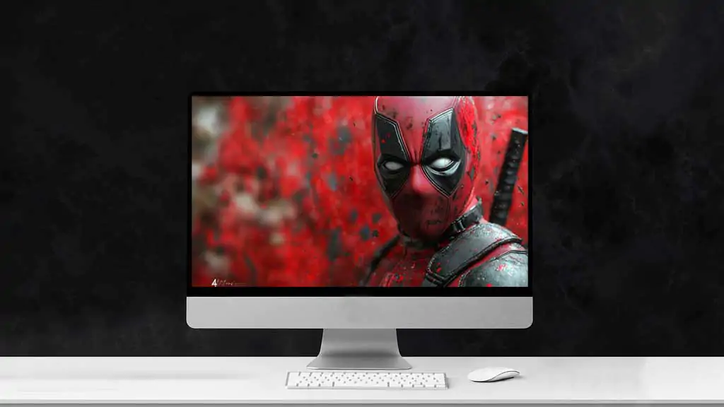 Deadpool mask close-up 4K wallpaper with intense red background effects, premium superhero portrait Ultra HD resolution for Desktop and mobile