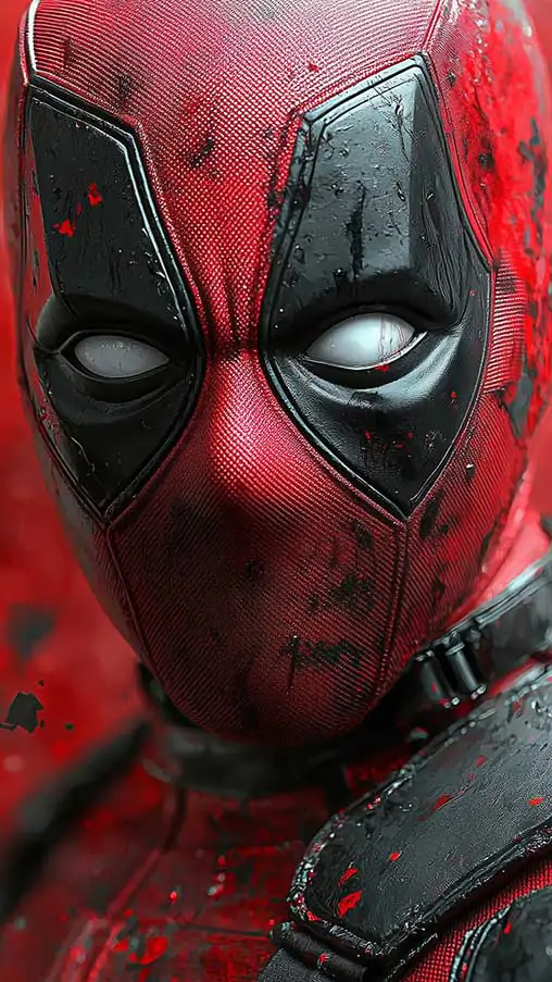 Deadpool mask close-up 4K wallpaper with intense red background effects, premium superhero portrait Ultra HD resolution for Desktop and mobile