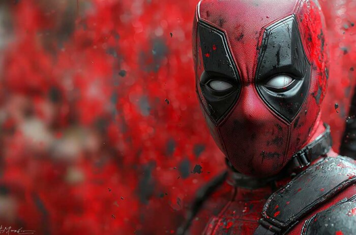 Fond d'écran 4K en gros plan du masque Deadpool avec des effets d'arrière-plan rouge intense, portrait de super-héros haut de gamme, résolution Ultra HD pour ordinateur de bureau et mobile
