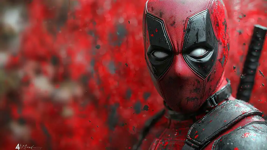 Deadpool mask close-up 4K wallpaper with intense red background effects, premium superhero portrait Ultra HD resolution for Desktop and mobile