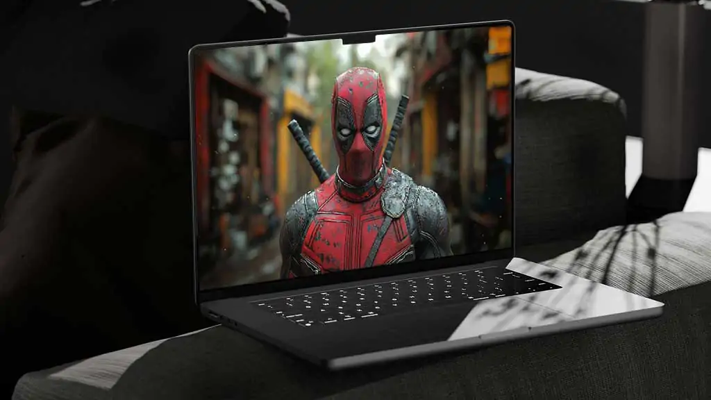 Deadpool 4K wallpaper in urban setting, realistic superhero costume with katanas against city Free background Ultra HD quality for pc and mobile