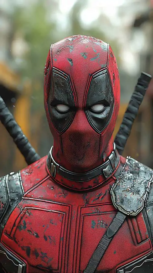 Deadpool 4K wallpaper in urban setting, realistic superhero costume with katanas against city Free background Ultra HD quality for pc and mobile