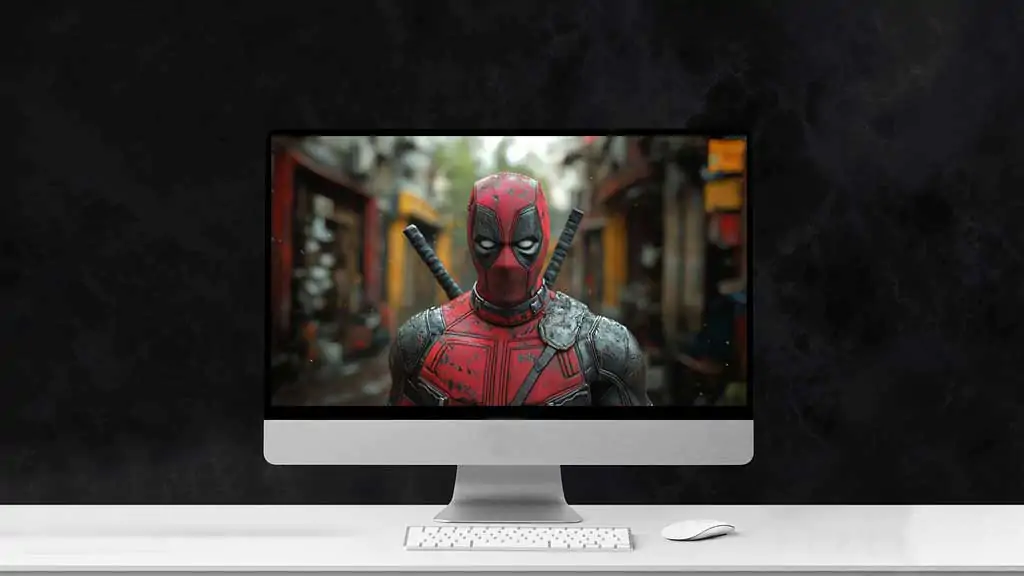 Deadpool 4K wallpaper in urban setting, realistic superhero costume with katanas against city Free background Ultra HD quality for pc and mobile