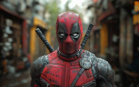 Fond d'écran Deadpool 4K en milieu urbain, costume de super-héros réaliste avec katanas contre la ville Fond d'écran gratuit Qualité Ultra HD pour PC et mobile