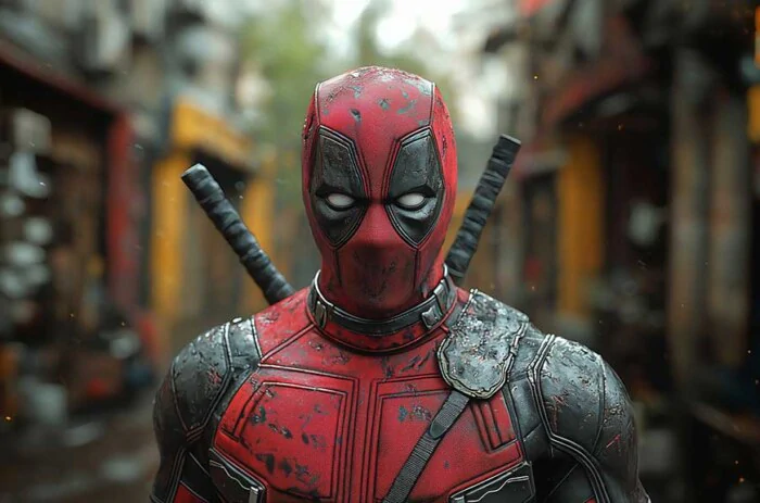 Fond d'écran Deadpool 4K en milieu urbain, costume de super-héros réaliste avec katanas contre la ville Fond d'écran gratuit Qualité Ultra HD pour PC et mobile