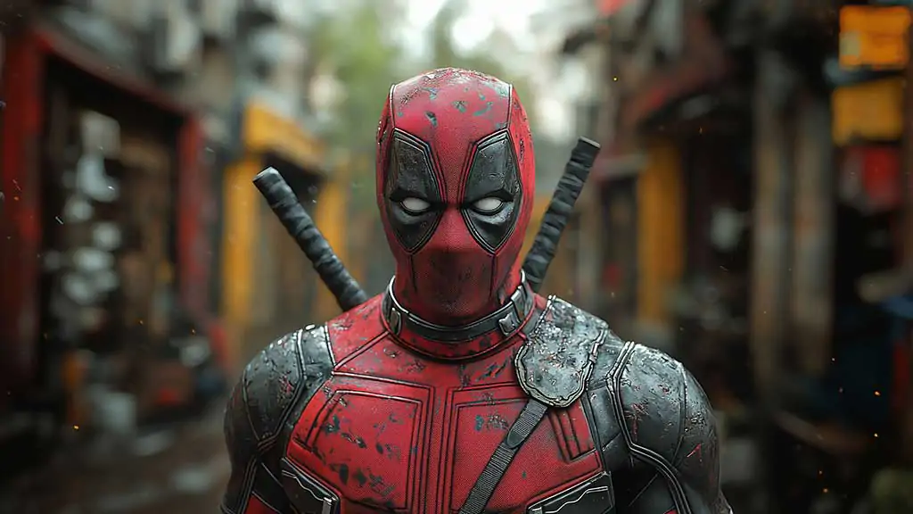 Fond d'écran Deadpool 4K en milieu urbain, costume de super-héros réaliste avec katanas contre la ville Fond d'écran gratuit Qualité Ultra HD pour PC et mobile