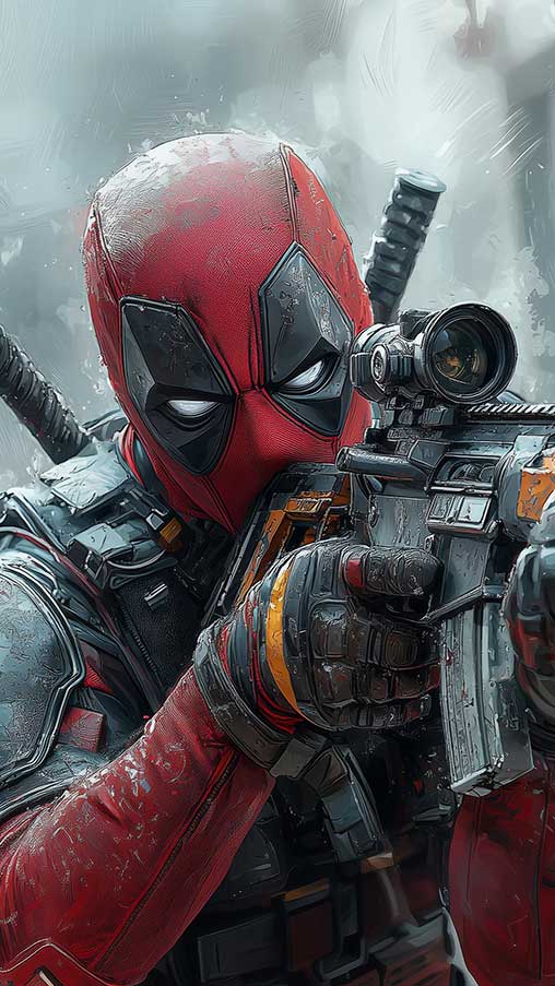 Fond d'écran Deadpool 4K Scène de combat de peinture artistique avec équipement tactique et arrière-plan de super-héros d'action Ultra HD pour ordinateur de bureau et téléphone