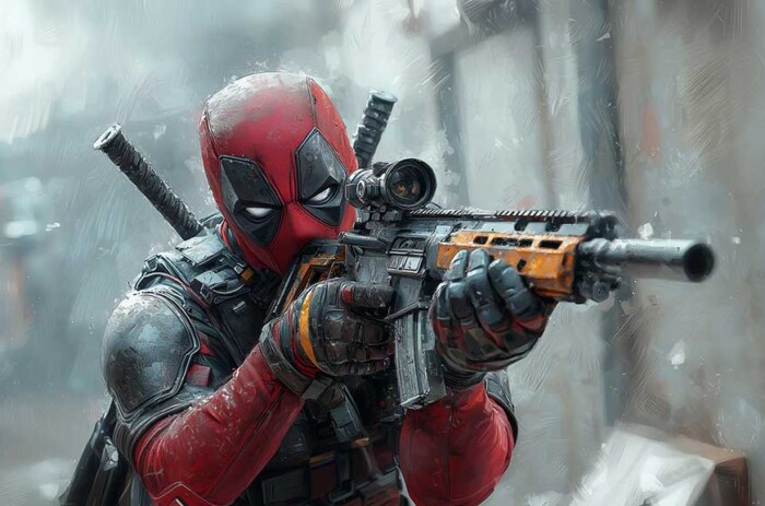 Fond d'écran Deadpool 4K Scène de combat de peinture artistique avec équipement tactique et arrière-plan de super-héros d'action Ultra HD pour ordinateur de bureau et téléphone