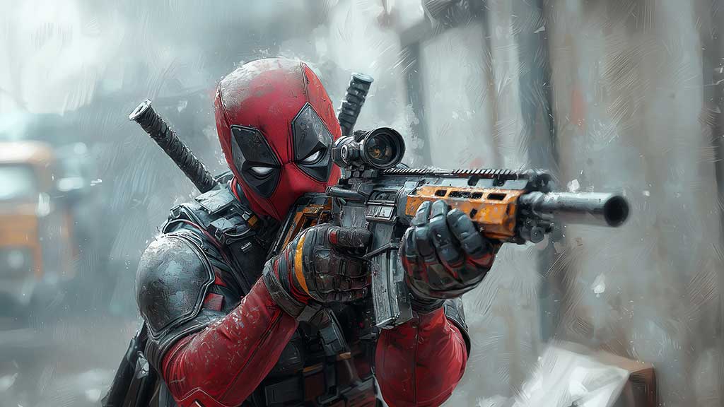 Fond d'écran Deadpool 4K Scène de combat de peinture artistique avec équipement tactique et arrière-plan de super-héros d'action Ultra HD pour ordinateur de bureau et téléphone