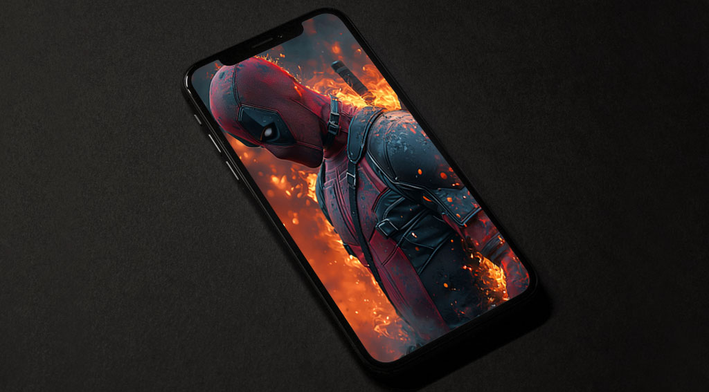Fond d'écran Deadpool explosion 4K avec des effets de feu et flammes, une scène d'action épique de super-héros Qualité Ultra HD