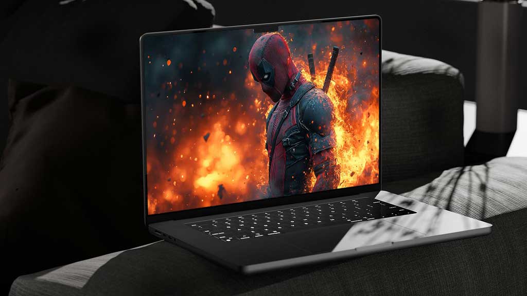 Fond d'écran Deadpool explosion 4K avec des effets de feu et flammes, une scène d'action épique de super-héros Qualité Ultra HD