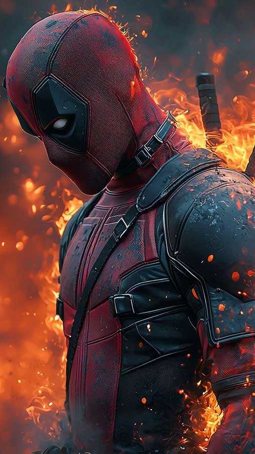 Fond d'écran Deadpool explosion 4K avec des effets de feu et flammes, une scène d'action épique de super-héros Qualité Ultra HD