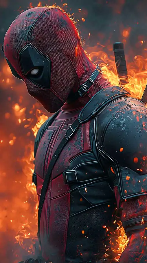 Deadpool 4K wallpaper with dramatic fire effects and sparks, epic superhero action scene Ultra HD quality