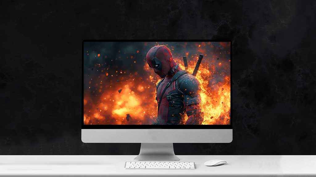 Fond d'écran Deadpool explosion 4K avec des effets de feu et flammes, une scène d'action épique de super-héros Qualité Ultra HD