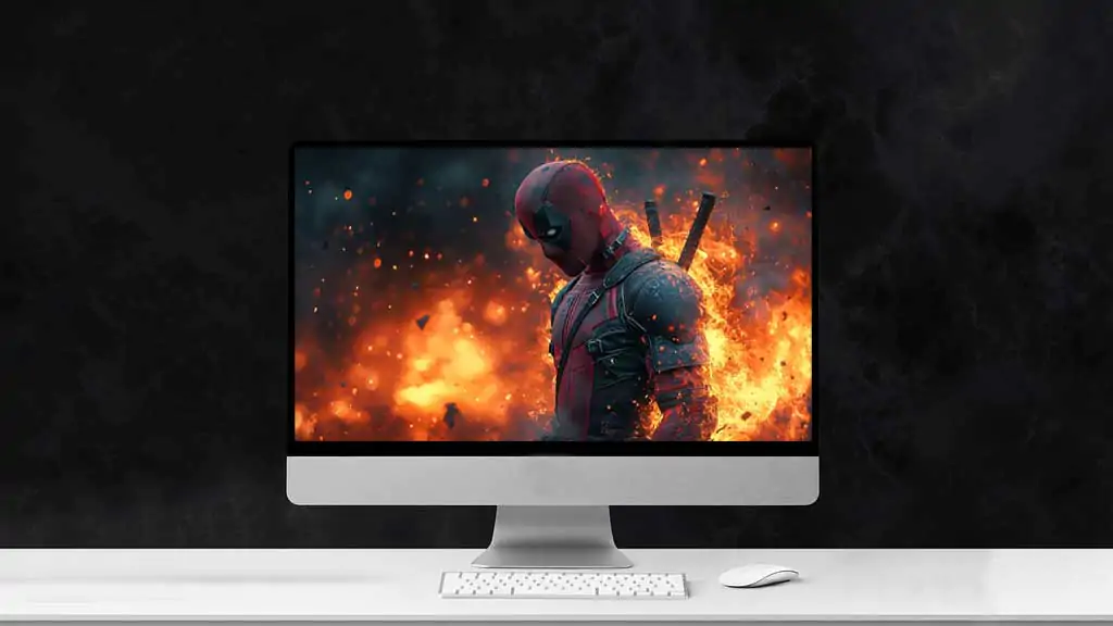 Deadpool 4K wallpaper with dramatic fire effects and sparks, epic superhero action scene Ultra HD quality