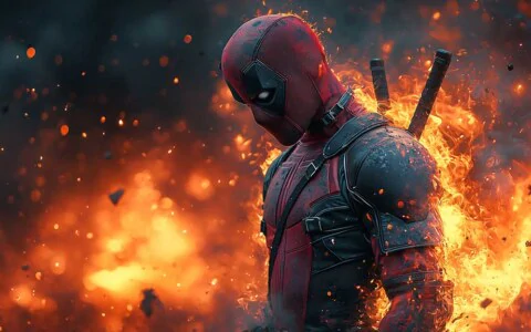 Deadpool 4K wallpaper with dramatic fire effects and sparks, epic superhero action scene Ultra HD quality