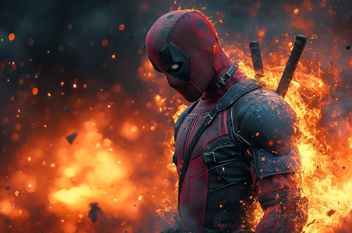 Fond d'écran Deadpool explosion 4K avec des effets de feu et flammes, une scène d'action épique de super-héros Qualité Ultra HD