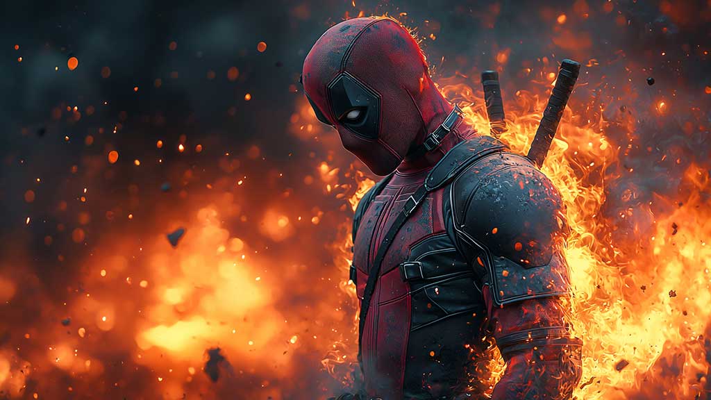 Fond d'écran Deadpool explosion 4K avec des effets de feu et flammes, une scène d'action épique de super-héros Qualité Ultra HD