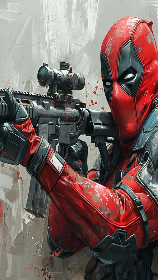 Fond d'écran Deadpool en peinture numérique 4K avec équipement tactique et effets artistiques, scène de combat Ultra HD pour ordinateur et mobile