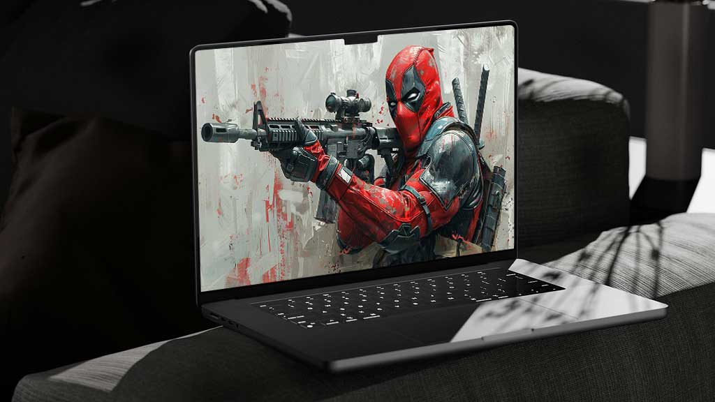 Fond d'écran Deadpool en peinture numérique 4K avec équipement tactique et effets artistiques, scène de combat Ultra HD pour ordinateur et mobile