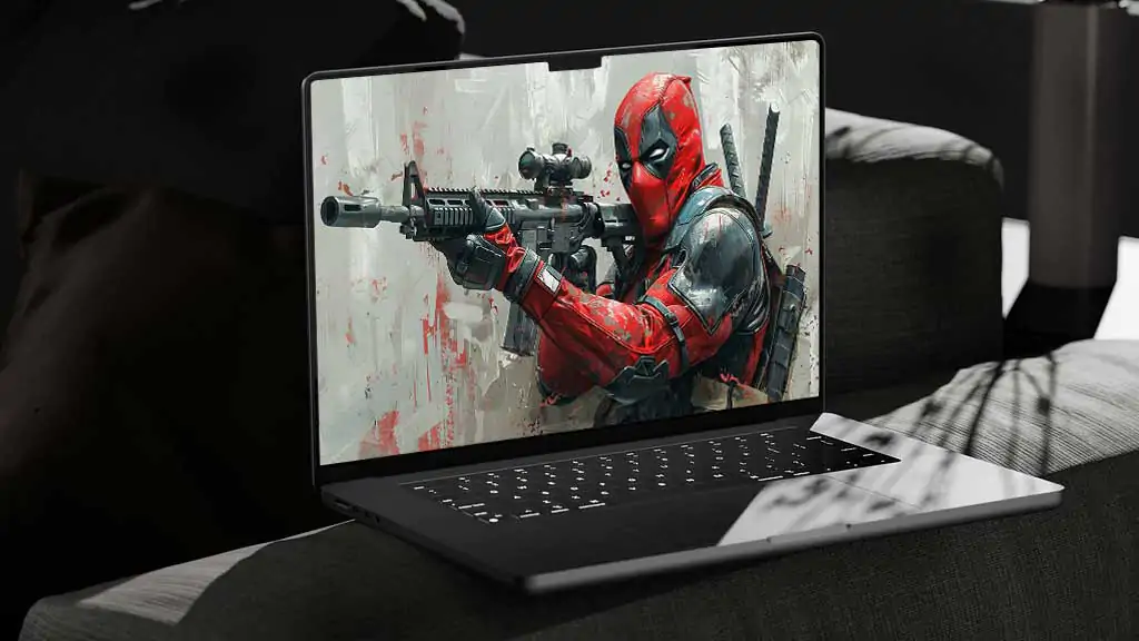 Deadpool 4K digital painting wallpaper with tactical gear and artistic effects, combat scene Ultra HD for desktop and mobile