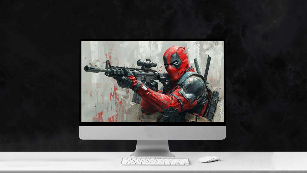 Fond d'écran Deadpool en peinture numérique 4K avec équipement tactique et effets artistiques, scène de combat Ultra HD pour ordinateur et mobile