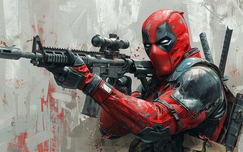 Deadpool 4K digital painting wallpaper with tactical gear and artistic effects, combat scene Ultra HD for desktop and mobile