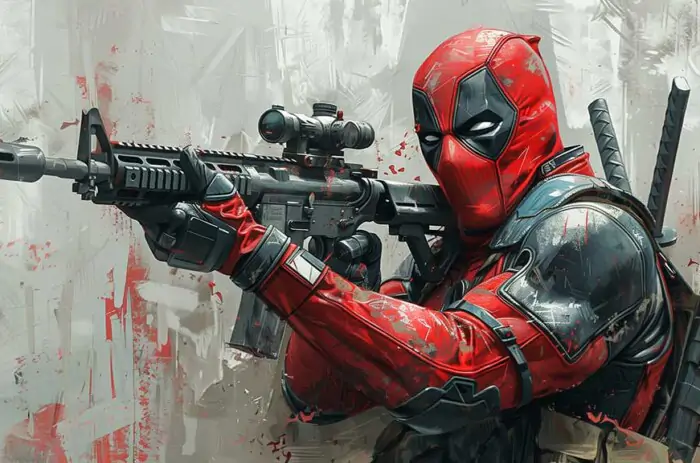 Fond d'écran Deadpool en peinture numérique 4K avec équipement tactique et effets artistiques, scène de combat Ultra HD pour ordinateur et mobile