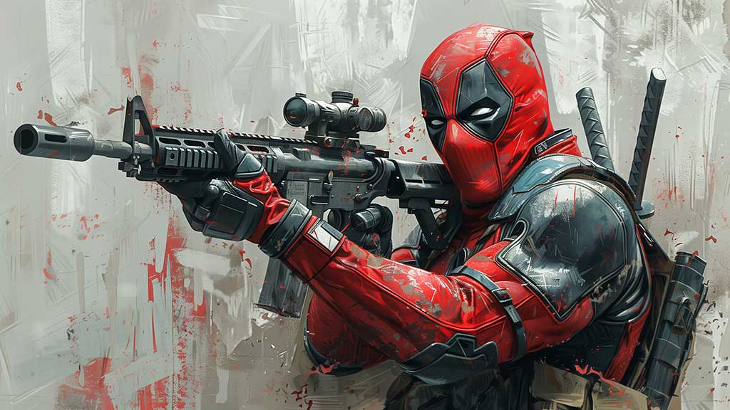 Fond d'écran Deadpool en peinture numérique 4K avec équipement tactique et effets artistiques, scène de combat Ultra HD pour ordinateur et mobile