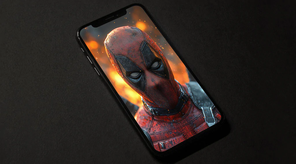 Deadpool 4K close-up portrait wallpaper with dramatic cinematic fire effects,background Ultra HD for desktop and mobile