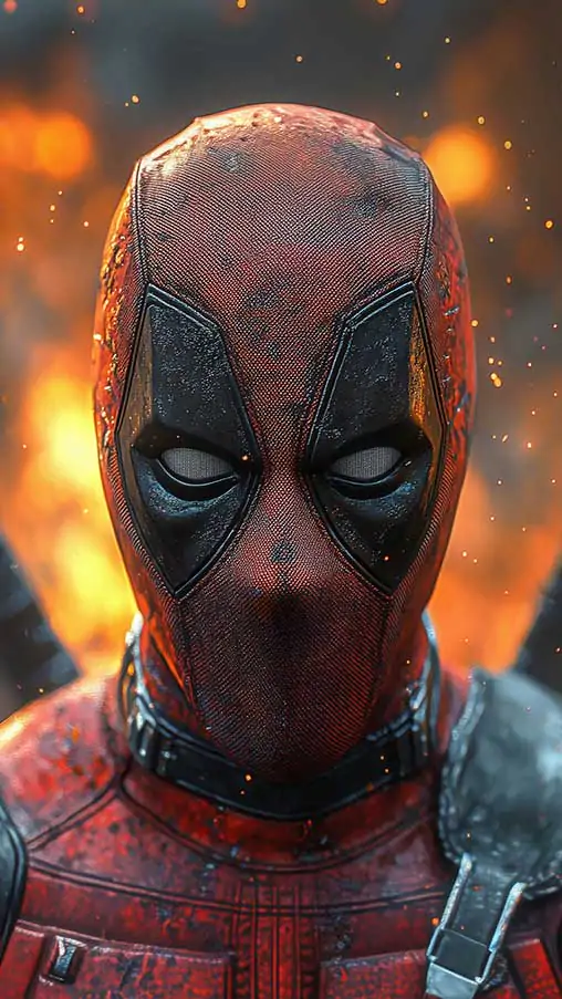 Deadpool 4K close-up portrait wallpaper with dramatic cinematic fire effects,background Ultra HD for desktop and mobile