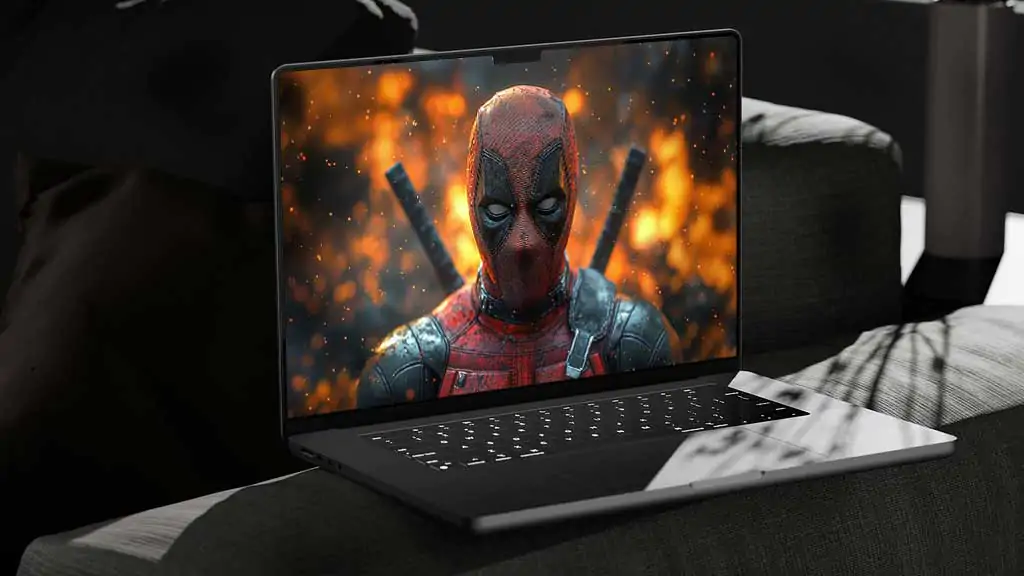 Deadpool 4K close-up portrait wallpaper with dramatic cinematic fire effects,background Ultra HD for desktop and mobile