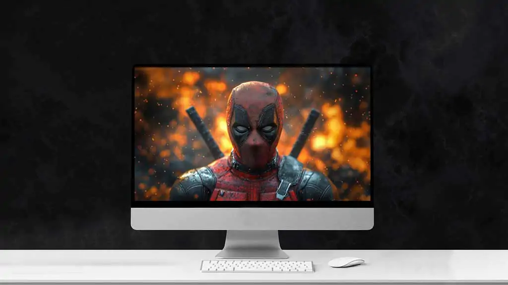 Deadpool 4K close-up portrait wallpaper with dramatic cinematic fire effects,background Ultra HD for desktop and mobile