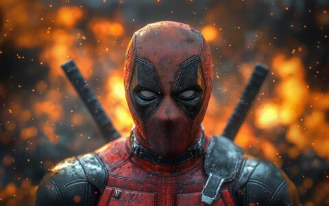 Fond d'écran de portrait en gros plan Deadpool 4K avec des effets de feu cinématographiques dramatiques, arrière-plan Ultra HD pour ordinateur de bureau et mobile
