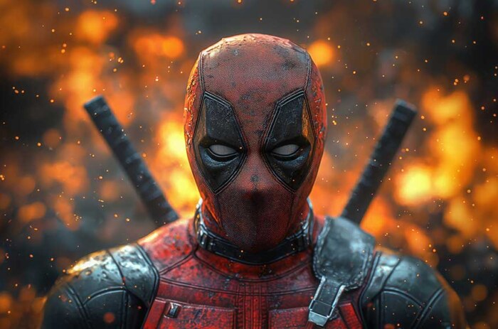 Fond d'écran de portrait en gros plan Deadpool 4K avec des effets de feu cinématographiques dramatiques, arrière-plan Ultra HD pour ordinateur de bureau et mobile