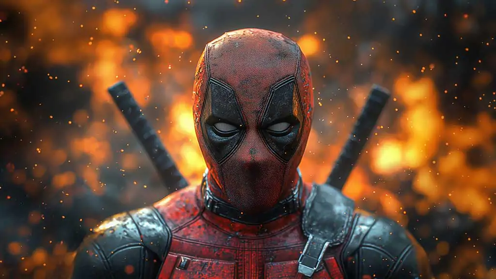 Deadpool 4K close-up portrait wallpaper with dramatic cinematic fire effects,background Ultra HD for desktop and mobile