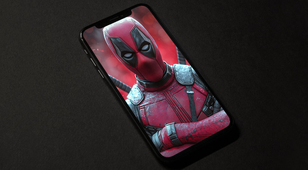 Fond d'écran Deadpool 4K avec pose de bras croisés, effets bokeh rouges et éclairage dramatique, arrière-plan Ultra HD portrait pour ordinateur de bureau et mobile
