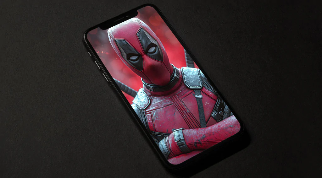 Deadpool 4K wallpaper with crossed arms pose, red bokeh effects and dramatic lighting, portrait Ultra HD background for desktop and mobile