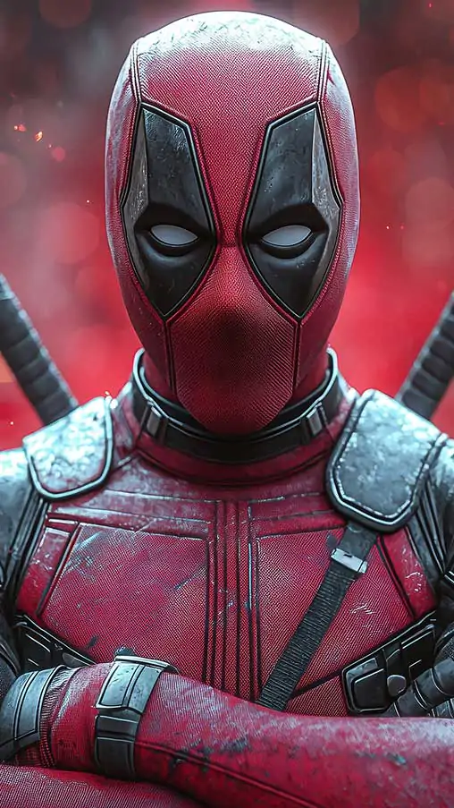 Deadpool 4K wallpaper with crossed arms pose, red bokeh effects and dramatic lighting, portrait Ultra HD background for desktop and mobile