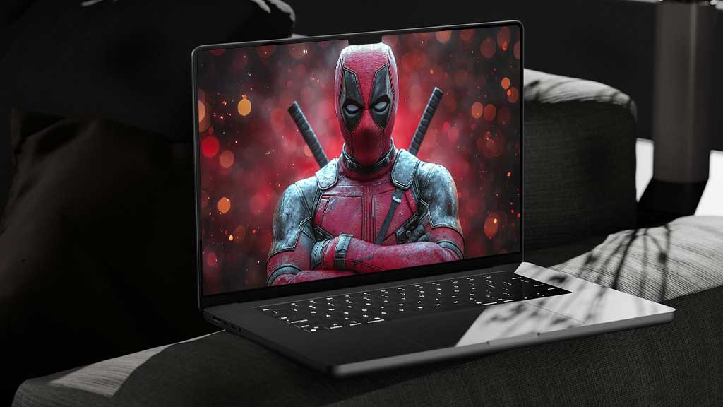 Fond d'écran Deadpool 4K avec pose de bras croisés, effets bokeh rouges et éclairage dramatique, arrière-plan Ultra HD portrait pour ordinateur de bureau et mobile