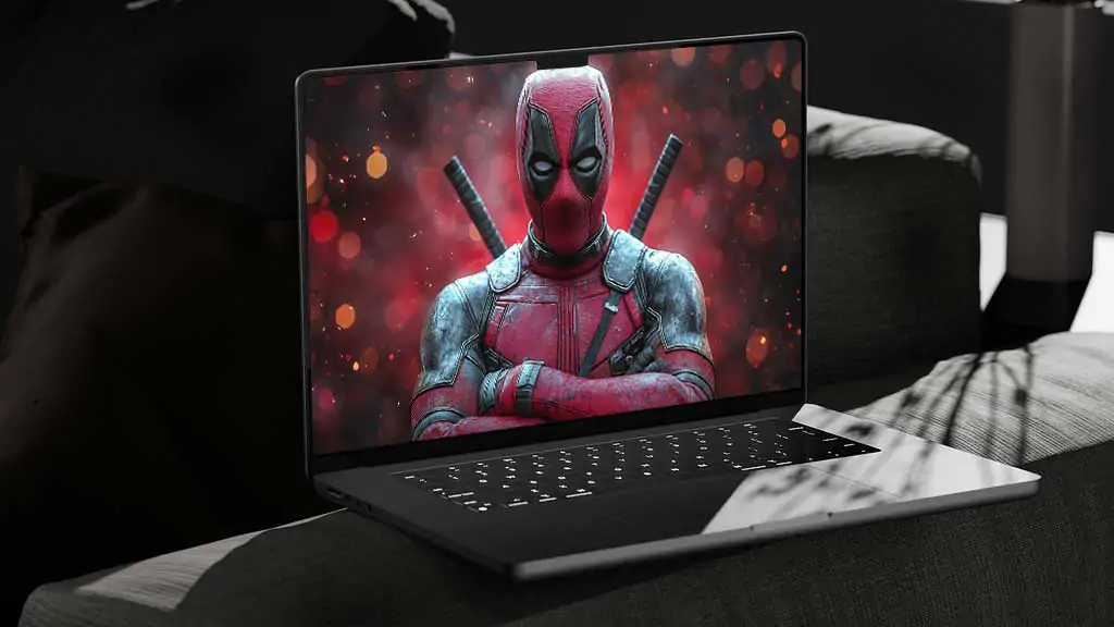 Deadpool 4K wallpaper with crossed arms pose, red bokeh effects and dramatic lighting, portrait Ultra HD background for desktop and mobile