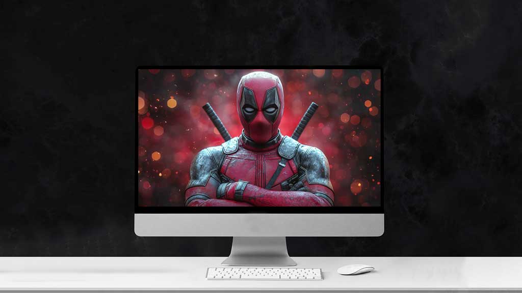 Fond d'écran Deadpool 4K avec pose de bras croisés, effets bokeh rouges et éclairage dramatique, arrière-plan Ultra HD portrait pour ordinateur de bureau et mobile