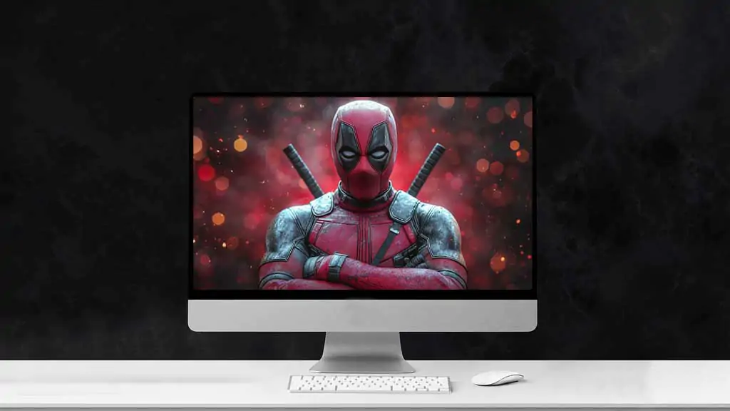 Deadpool 4K wallpaper with crossed arms pose, red bokeh effects and dramatic lighting, portrait Ultra HD background for desktop and mobile