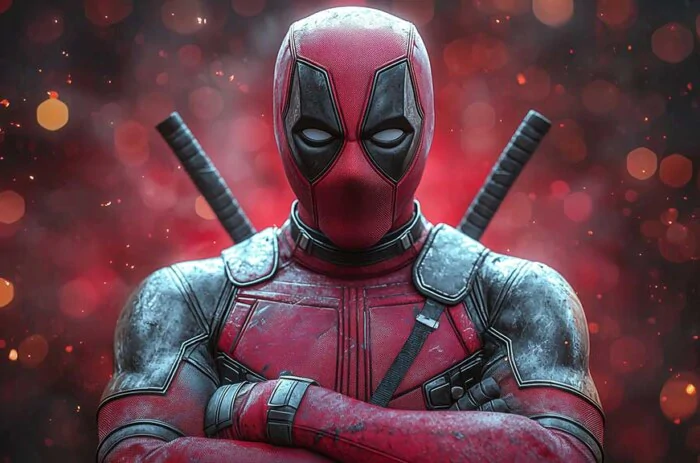 Deadpool 4K wallpaper with crossed arms pose, red bokeh effects and dramatic lighting, portrait Ultra HD background for desktop and mobile