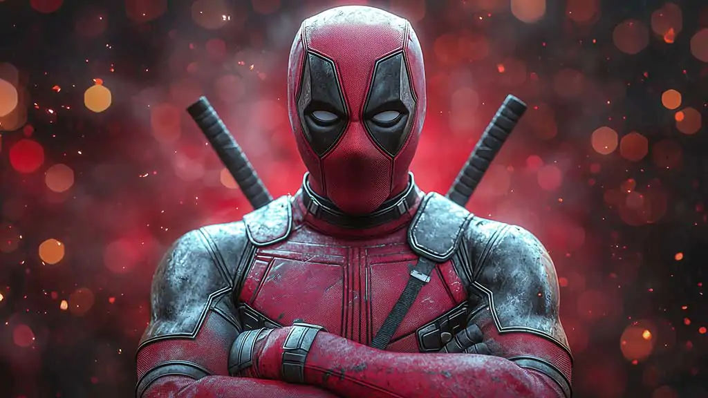 Deadpool 4K wallpaper with crossed arms pose, red bokeh effects and dramatic lighting, portrait Ultra HD background for desktop and mobile