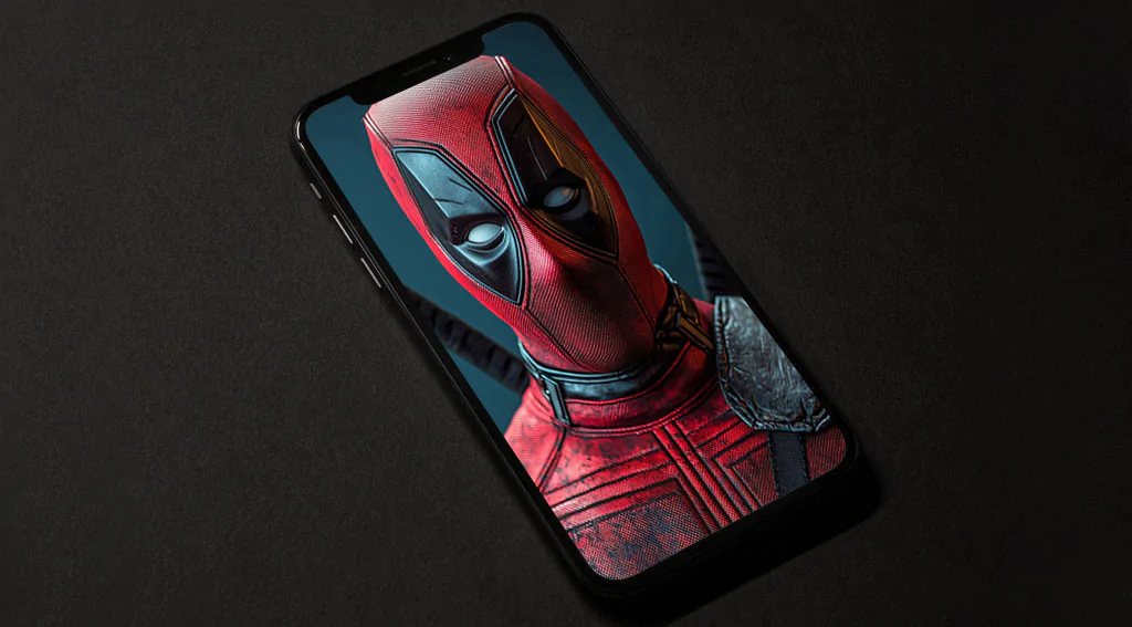 Fond d'écran portrait studio Deadpool 4K avec costume détaillé, style de photographie professionnelle Ultra HD pour ordinateur de bureau et mobile