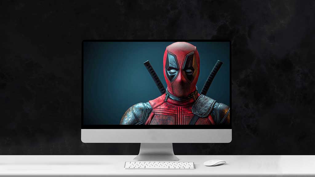 Fond d'écran portrait studio Deadpool 4K avec costume détaillé, style de photographie professionnelle Ultra HD pour ordinateur de bureau et mobile