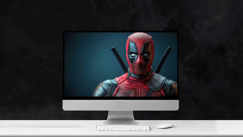 Fond d'écran portrait studio Deadpool 4K avec costume détaillé, style de photographie professionnelle Ultra HD pour ordinateur de bureau et mobile