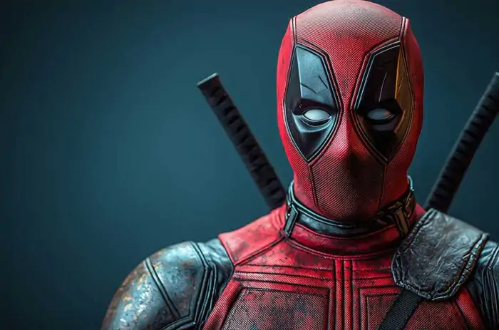 Fond d'écran portrait studio Deadpool 4K avec costume détaillé, style de photographie professionnelle Ultra HD pour ordinateur de bureau et mobile